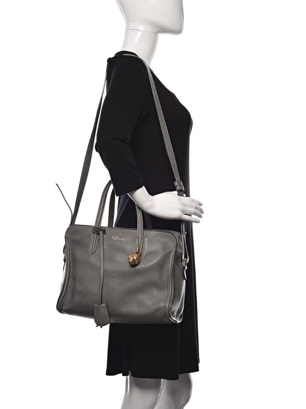 Alexander McQueen Gray Leather Satchel with Gold Skull Accent